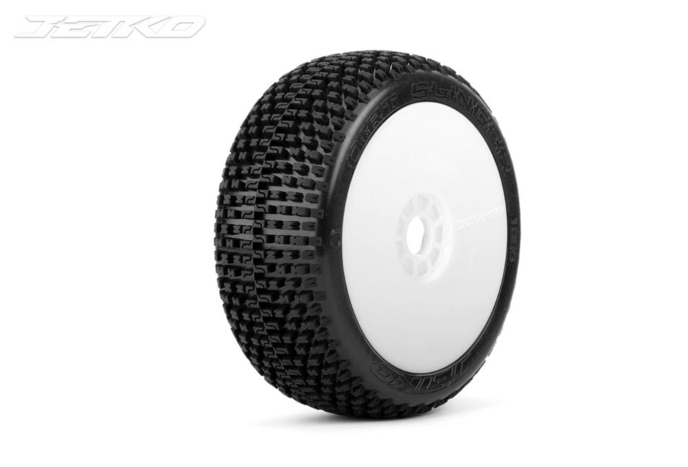 Pneus Jetko Dirt Slinger Soft 1/8 Buggy sur Jantes Revo Blanches – 2 Roues