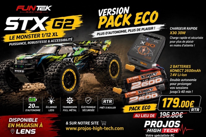 Funtek STX G2 1/12 XL Vert Pack 2 batteries chargeur rapide – Voiture RC RTR
