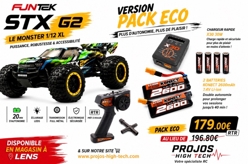 Funtek STX G2 1/12 XL Vert RC – 100% RTR, 2 Batteries + Chargeur Rapide