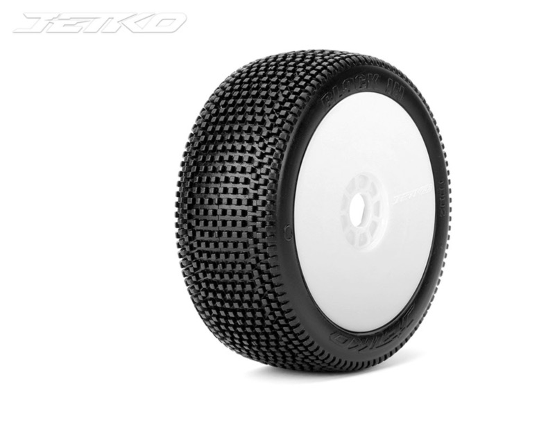 Pneus Jetko Block In Soft 1/8 Buggy montés-collés sur jantes Revo blanches (2)